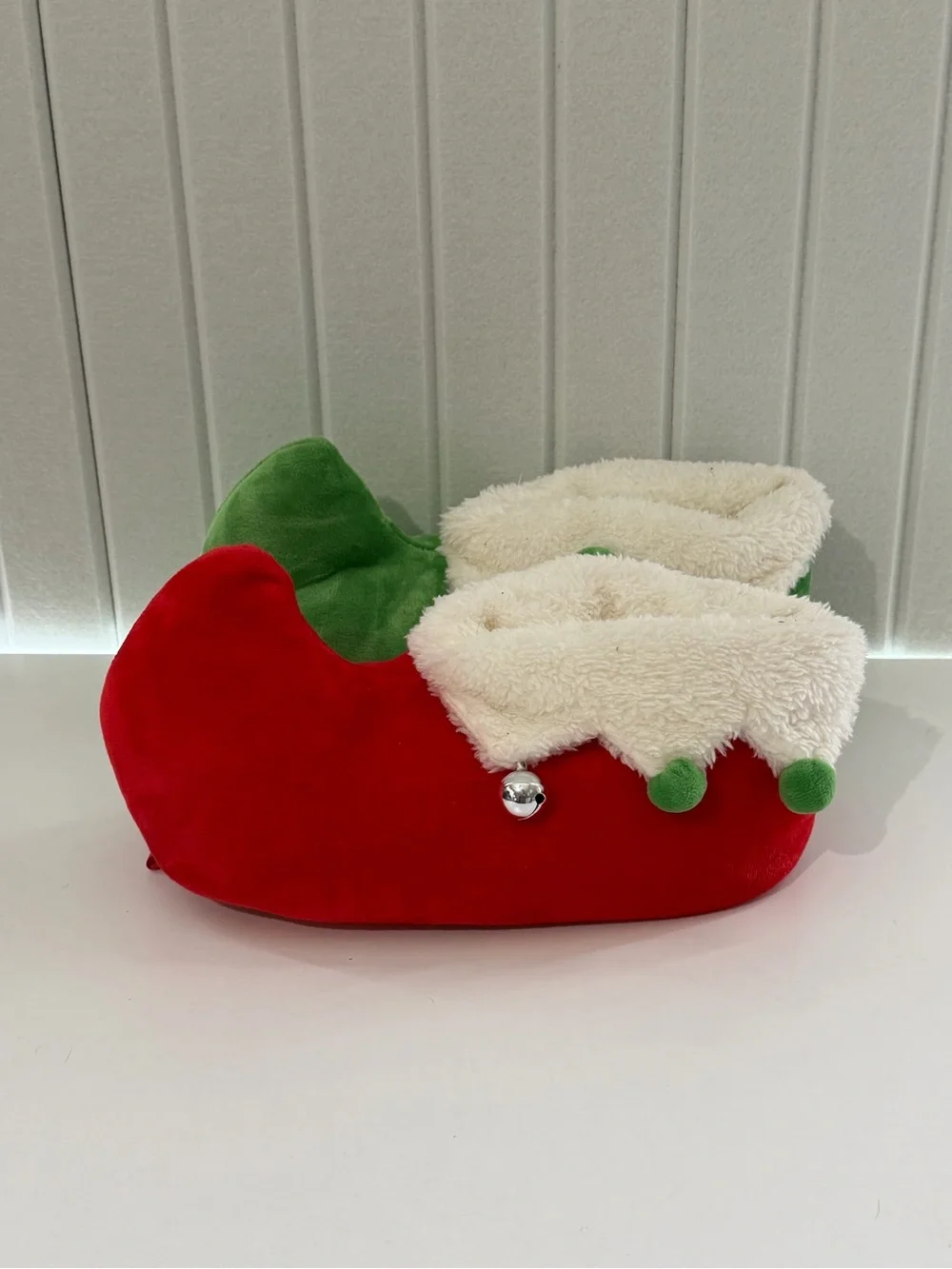 Kids Holiday Elf Slipper Pair - Red & Green with Faux Fur Trim